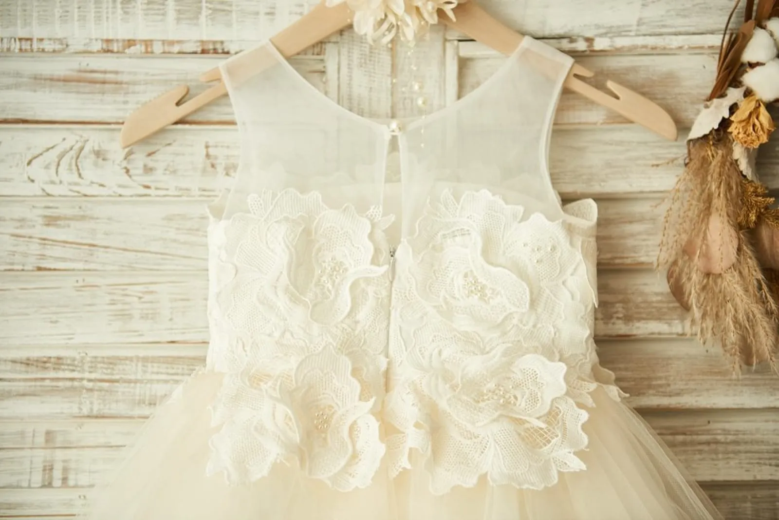 Sheer Neck Ivory Lace Champagne Tulle Wedding Flower Girl Dress