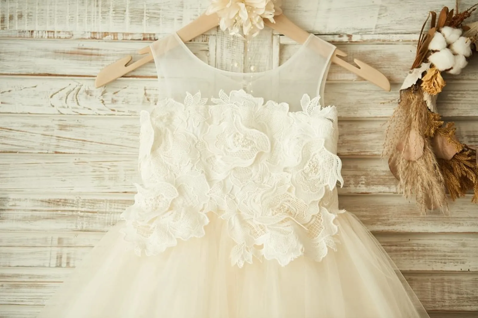Sheer Neck Ivory Lace Champagne Tulle Wedding Flower Girl Dress