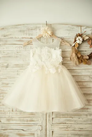 Sheer Neck Ivory Lace Champagne Tulle Wedding Flower Girl Dress