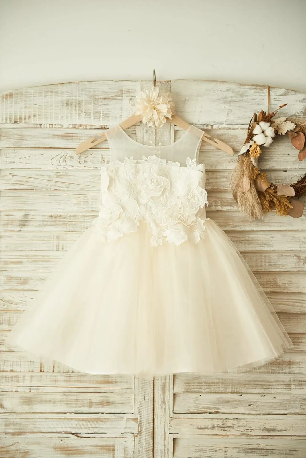 Sheer Neck Ivory Lace Champagne Tulle Wedding Flower Girl Dress