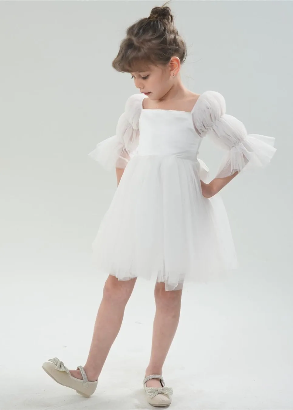 Sheer Sleeve Tulle Girl Dress in White