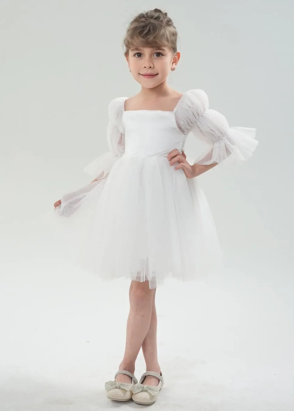 Sheer Sleeve Tulle Girl Dress in White