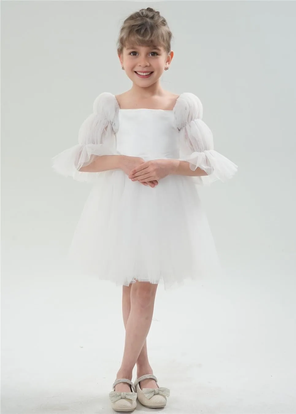 Sheer Sleeve Tulle Girl Dress in White