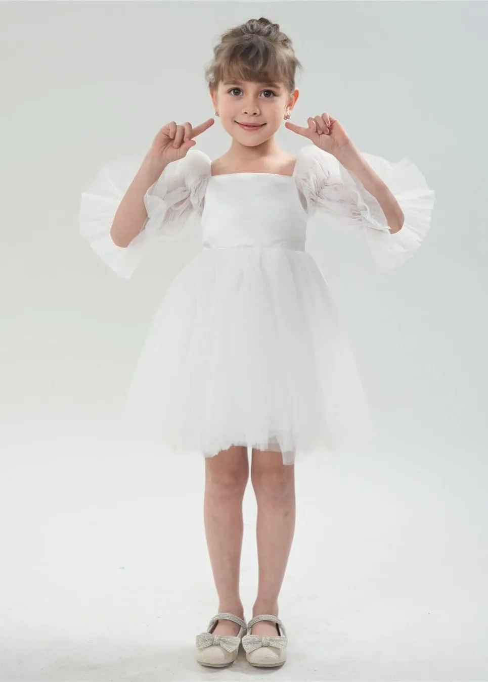 Sheer Sleeve Tulle Girl Dress in White