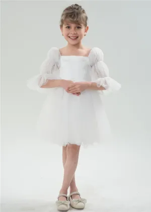 Sheer Sleeve Tulle Girl Dress in White