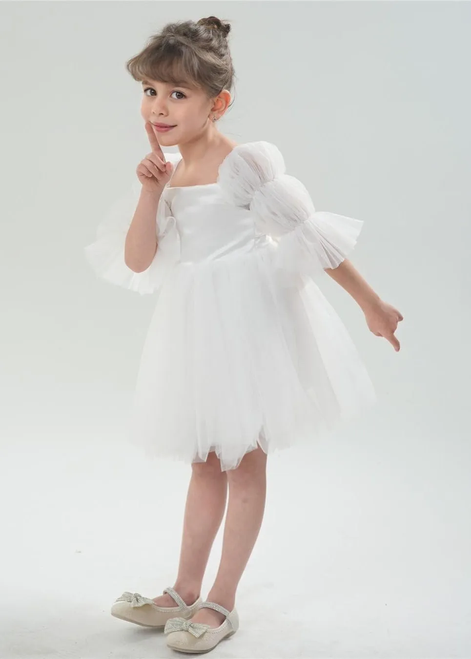 Sheer Sleeve Tulle Girl Dress in White