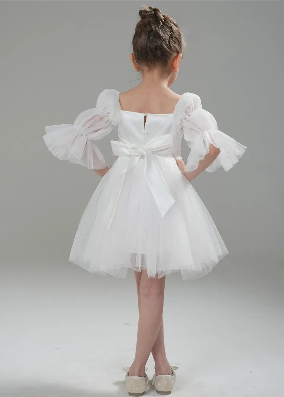 Sheer Sleeve Tulle Girl Dress in White
