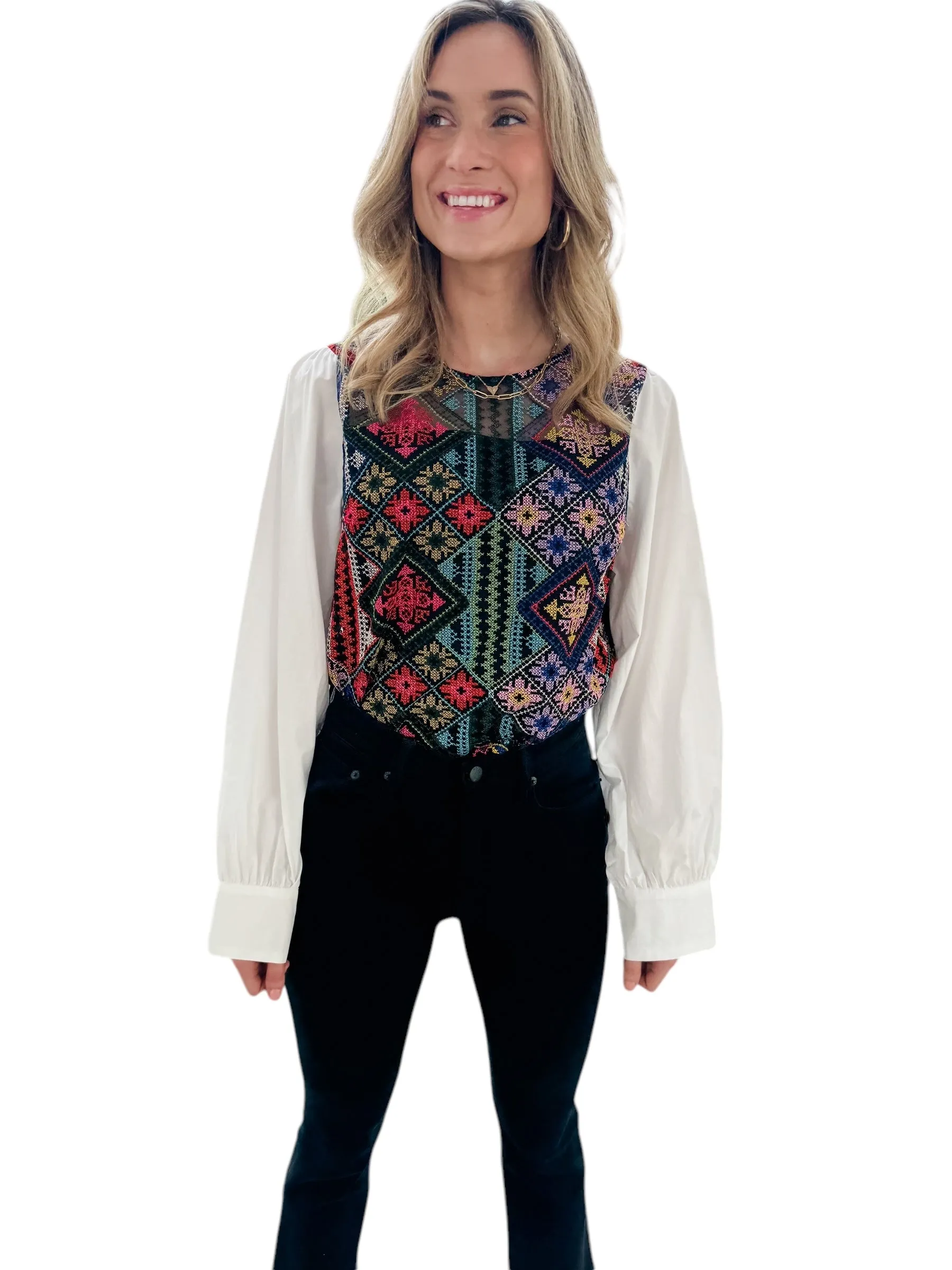 Shirt of Many Colors Embroidered Patchwork Blouse