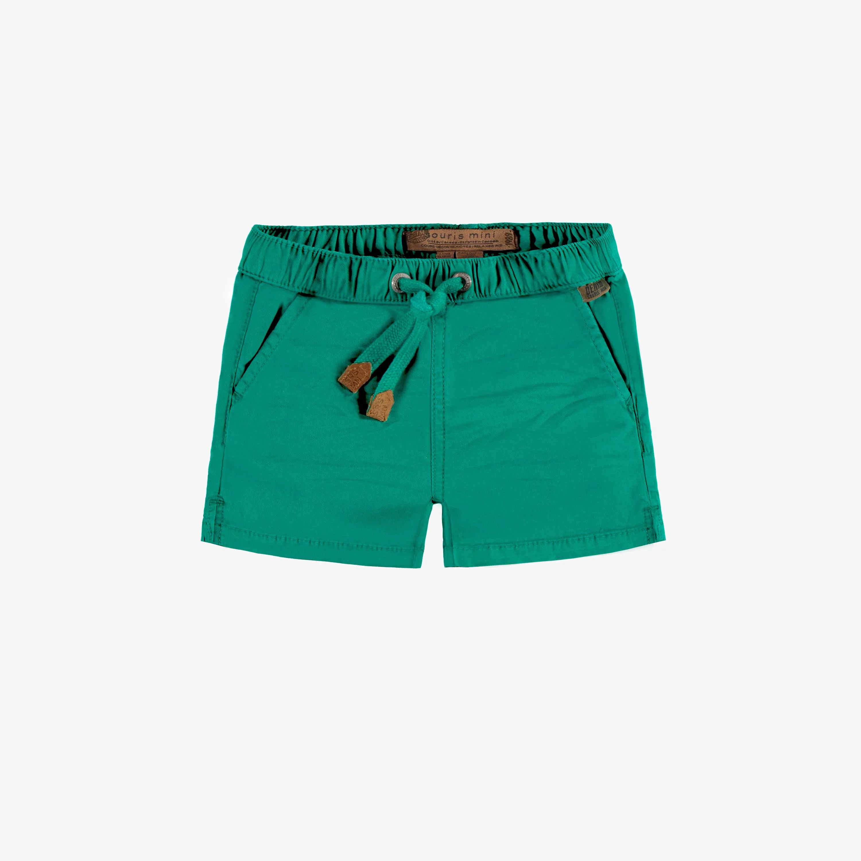 Short coupe régulière vert en twill très extensible, bébé || Regular fit green short in stretch twill, baby