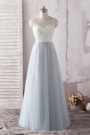 Simple Blue A-line Ivory Sweetheart Lace Spaghetti Straps Tulle Prom Dress, MP422