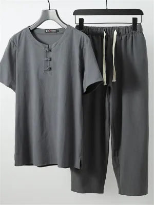 Simple Style Solid Color 2-Piece Outfit Retro Button T-Shirts   Drawstring Pants