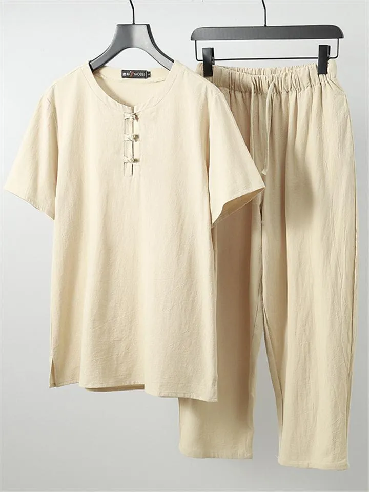 Simple Style Solid Color 2-Piece Outfit Retro Button T-Shirts   Drawstring Pants