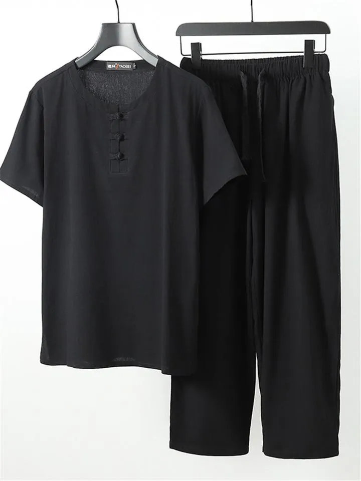 Simple Style Solid Color 2-Piece Outfit Retro Button T-Shirts   Drawstring Pants