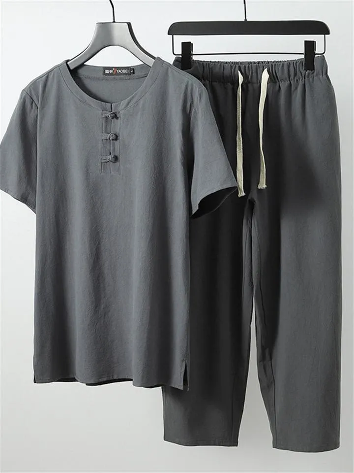 Simple Style Solid Color 2-Piece Outfit Retro Button T-Shirts   Drawstring Pants