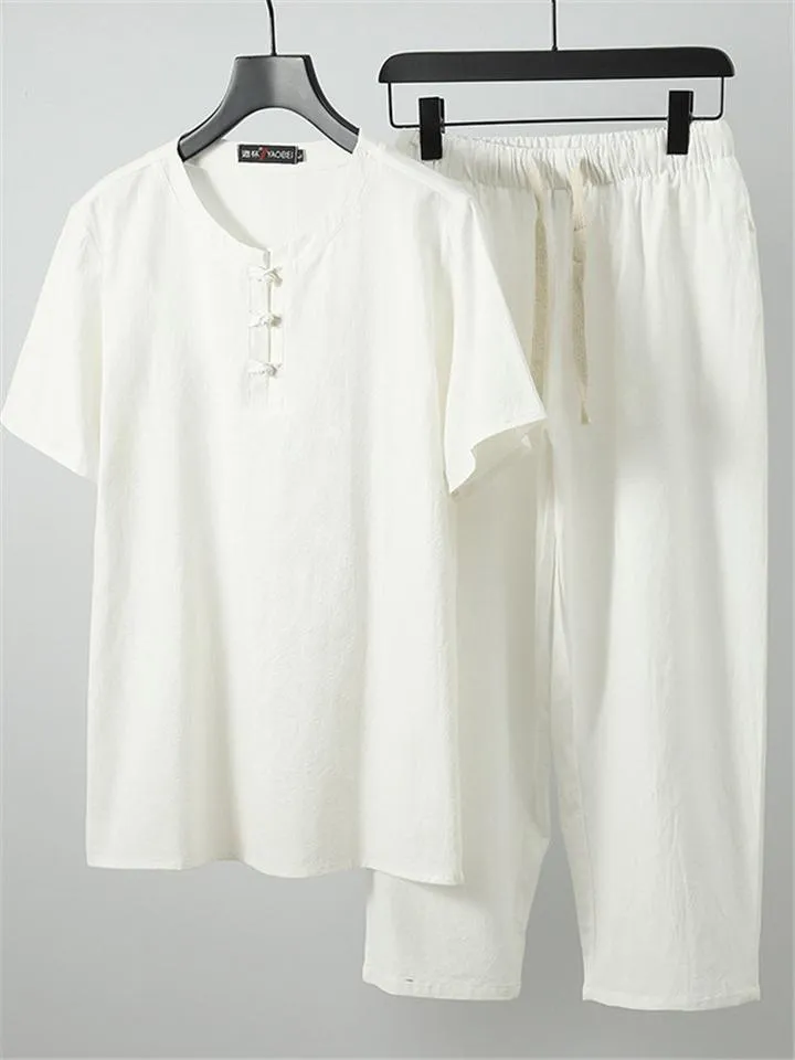 Simple Style Solid Color 2-Piece Outfit Retro Button T-Shirts   Drawstring Pants