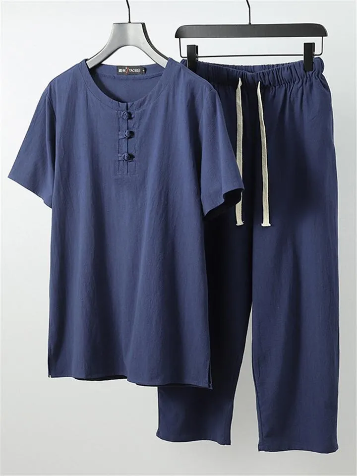 Simple Style Solid Color 2-Piece Outfit Retro Button T-Shirts   Drawstring Pants