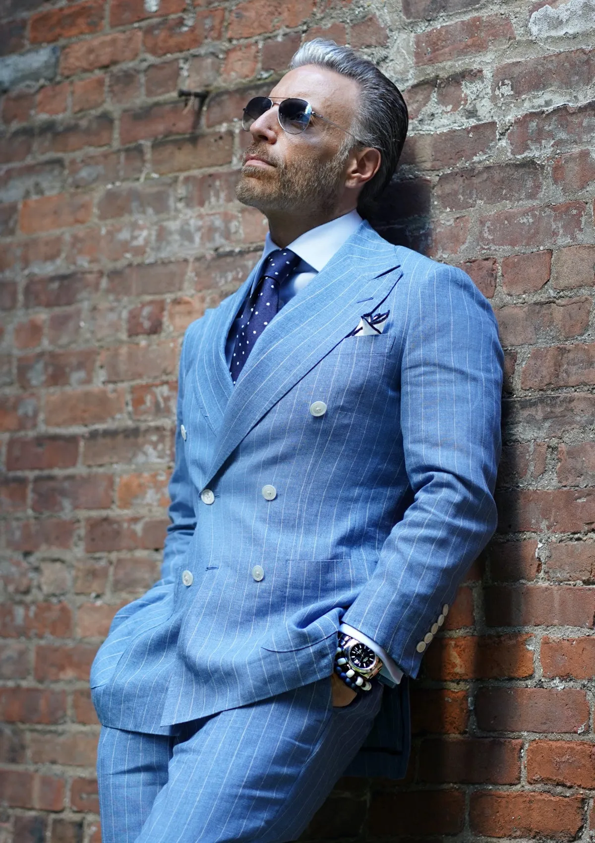 Sky Blue Linen & Pale Stripe Suit