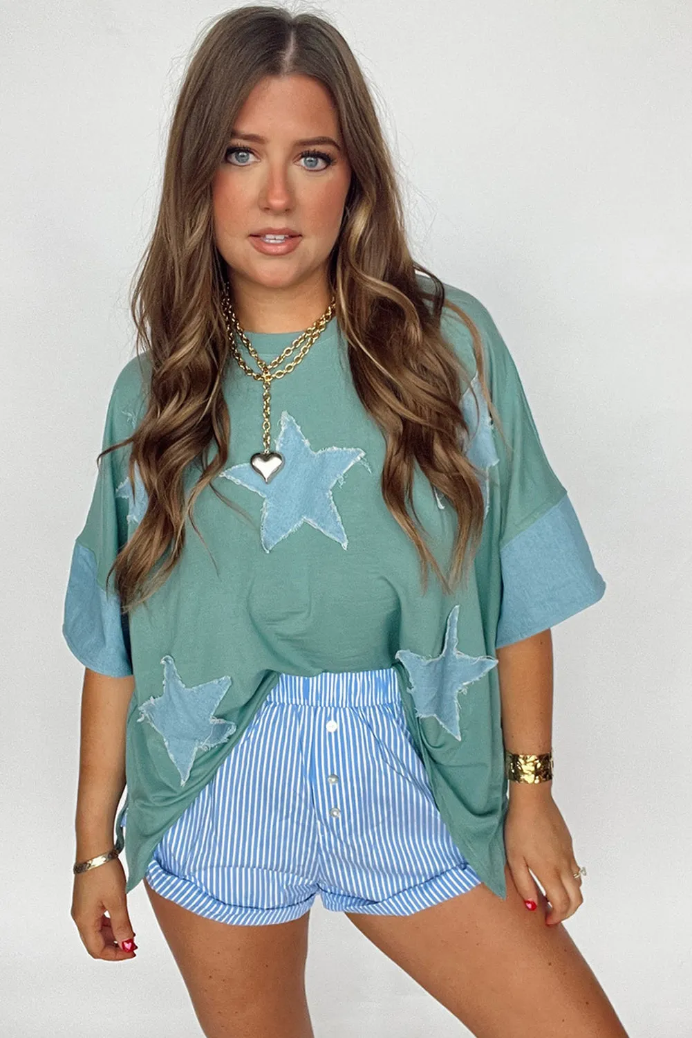 Smoke Green Frayed Star Denim Patchwork Oversize T Shirt