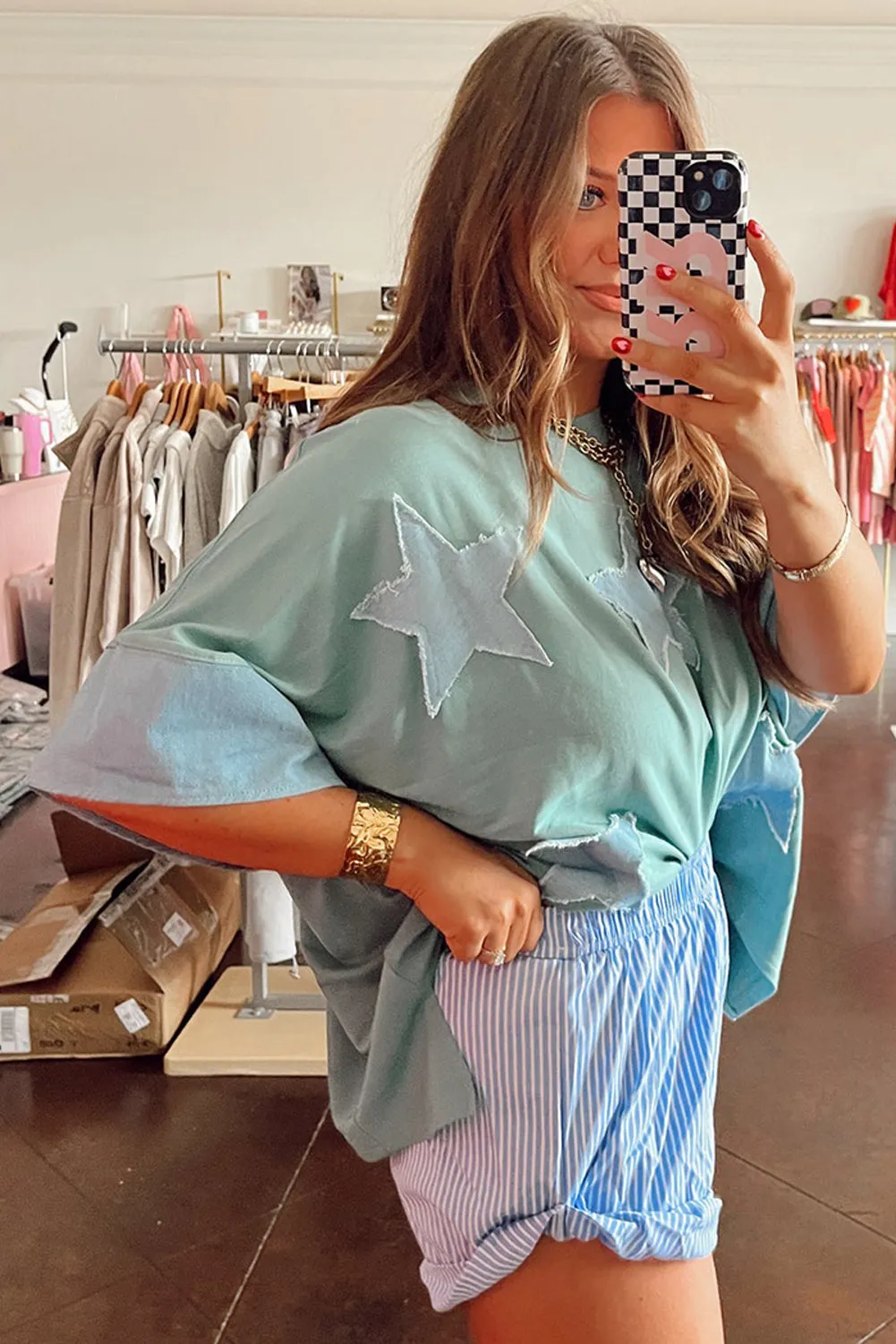 Smoke Green Frayed Star Denim Patchwork Oversize T Shirt