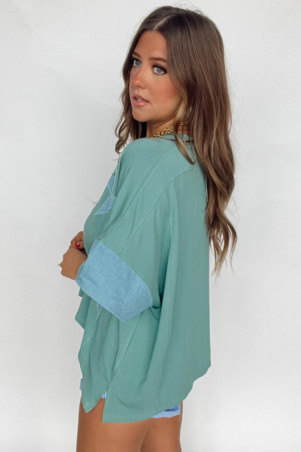 Smoke Green Frayed Star Denim Patchwork Oversize T Shirt
