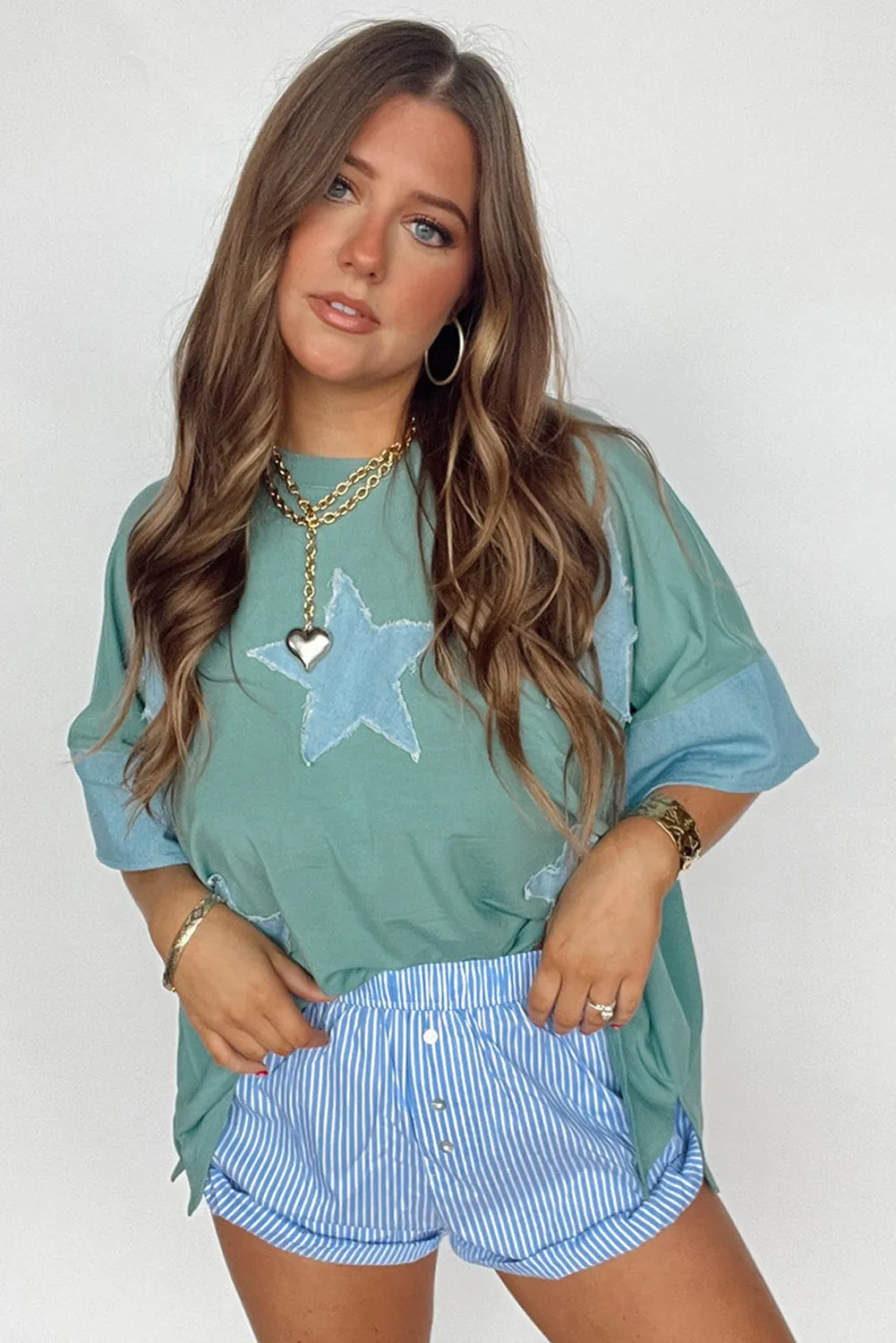 Smoke Green Frayed Star Denim Patchwork Oversize T Shirt