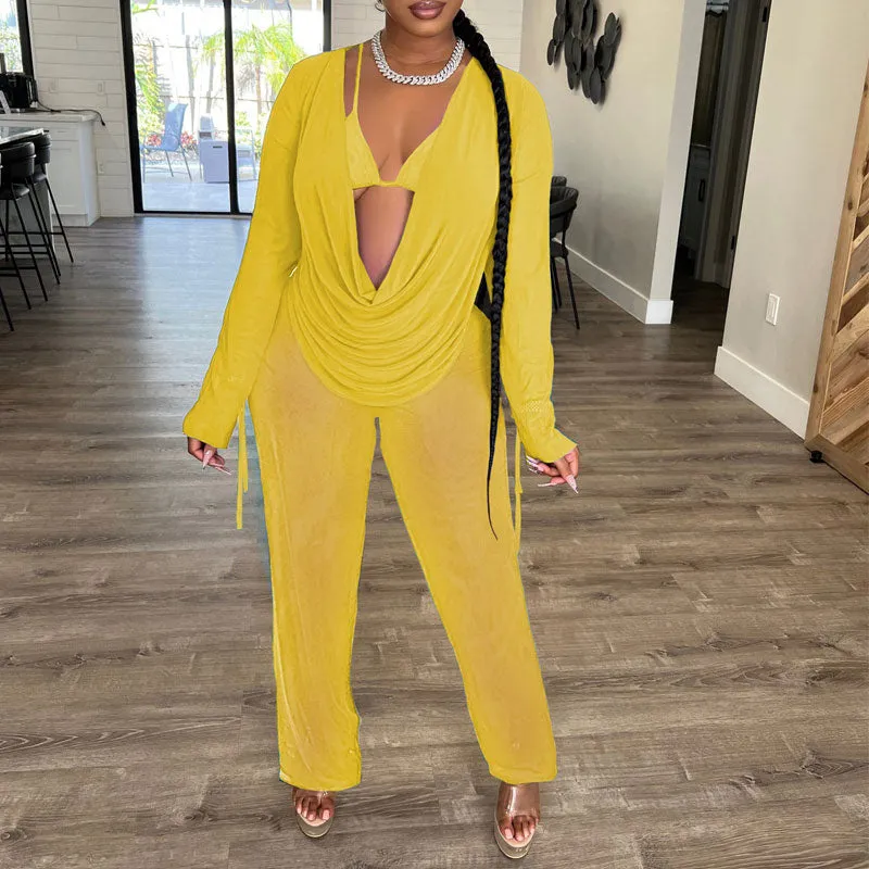 Solid Cowl Neck Mesh 3PCS Pants Set