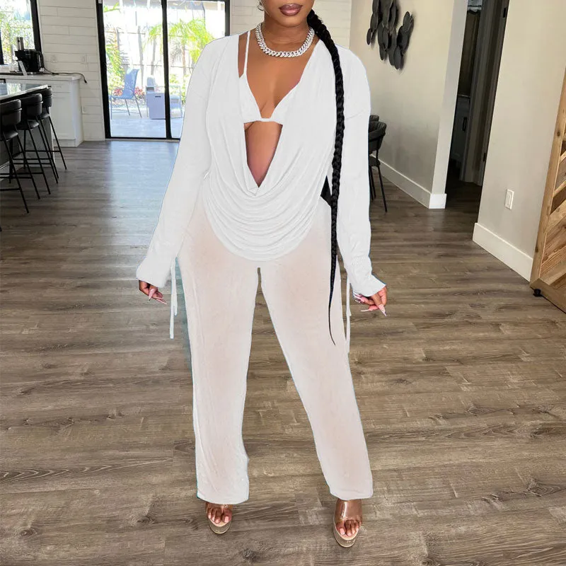 Solid Cowl Neck Mesh 3PCS Pants Set