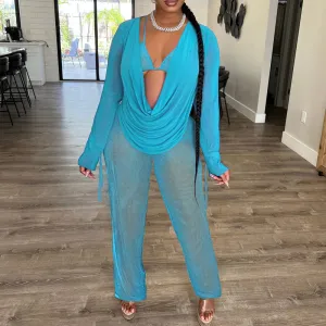 Solid Cowl Neck Mesh 3PCS Pants Set