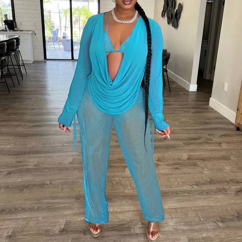 Solid Cowl Neck Mesh 3PCS Pants Set