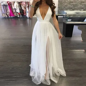 Solid Deep V-Neck Sleeveless Sheer Mesh Maxi Dress