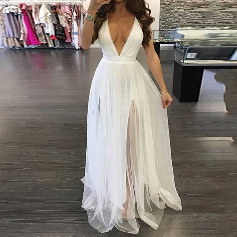 Solid Deep V-Neck Sleeveless Sheer Mesh Maxi Dress