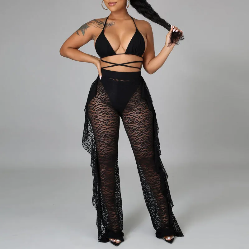 Solid Sheer Mesh Lace Three Piece Swimsuit Set