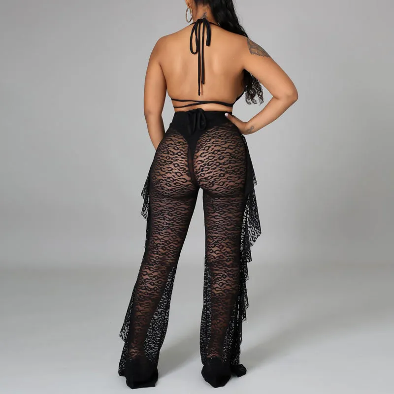 Solid Sheer Mesh Lace Three Piece Swimsuit Set