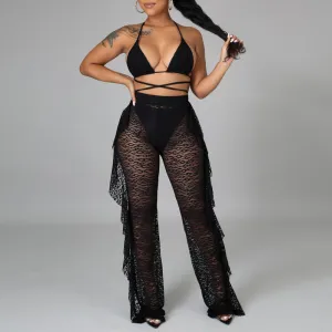 Solid Sheer Mesh Lace Three Piece Swimsuit Set