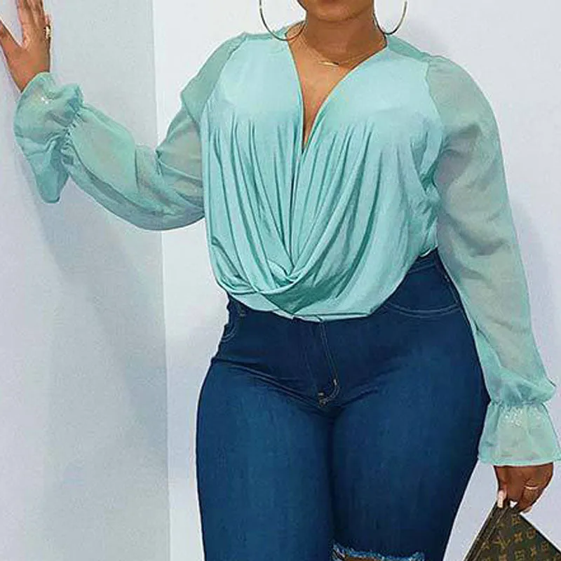Solid Sheer Mesh Patchwork Chiffon Blouse