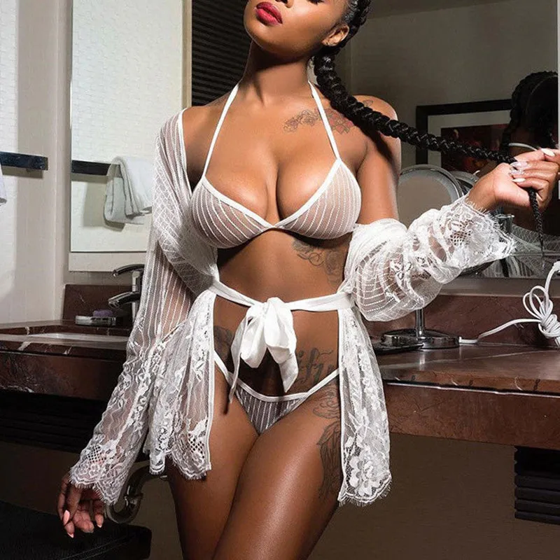 Solid Sheer Mesh See Through Lingerie Set