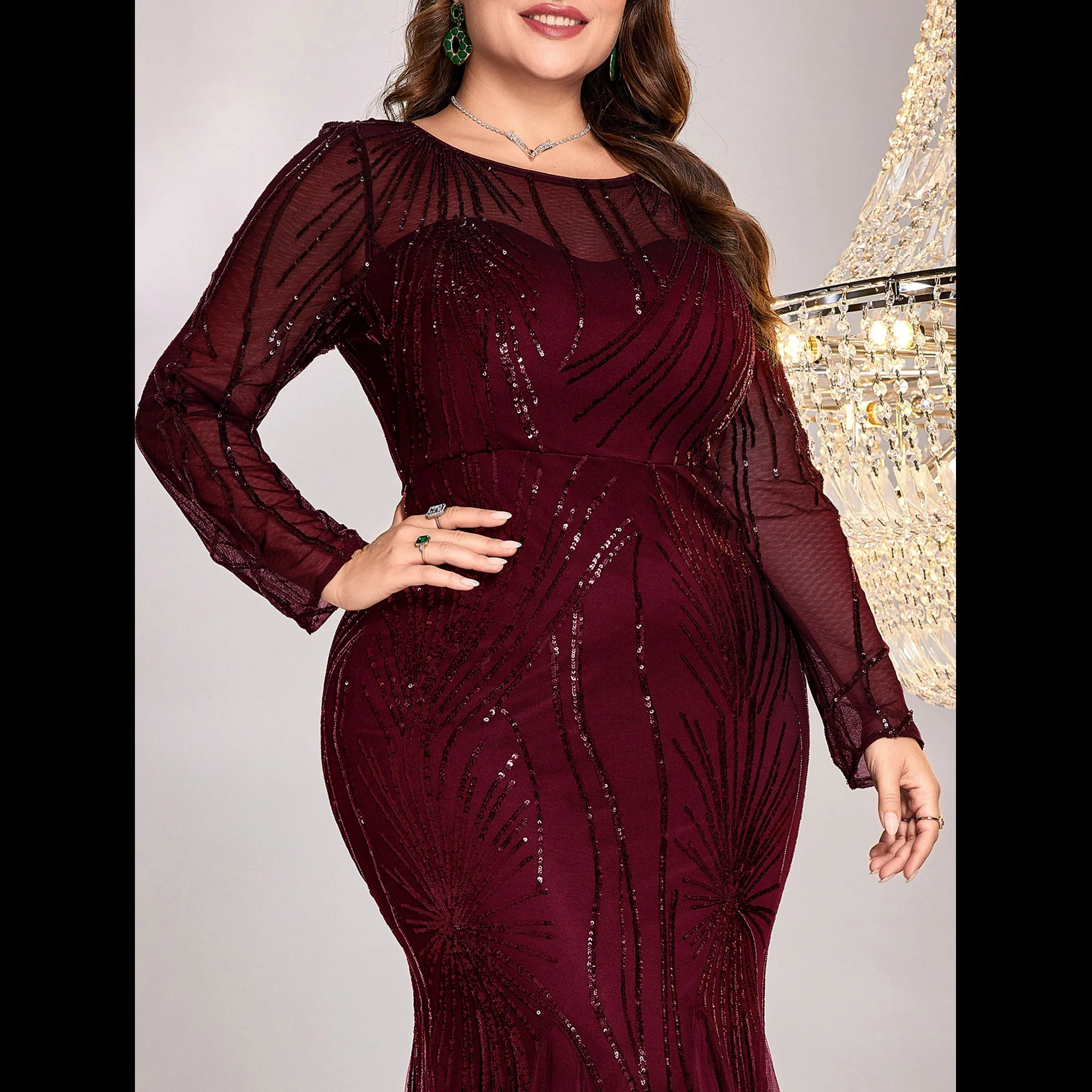Sparkly Sequins Evening Dress Long Sleeves Wedding Party Maxi Dress