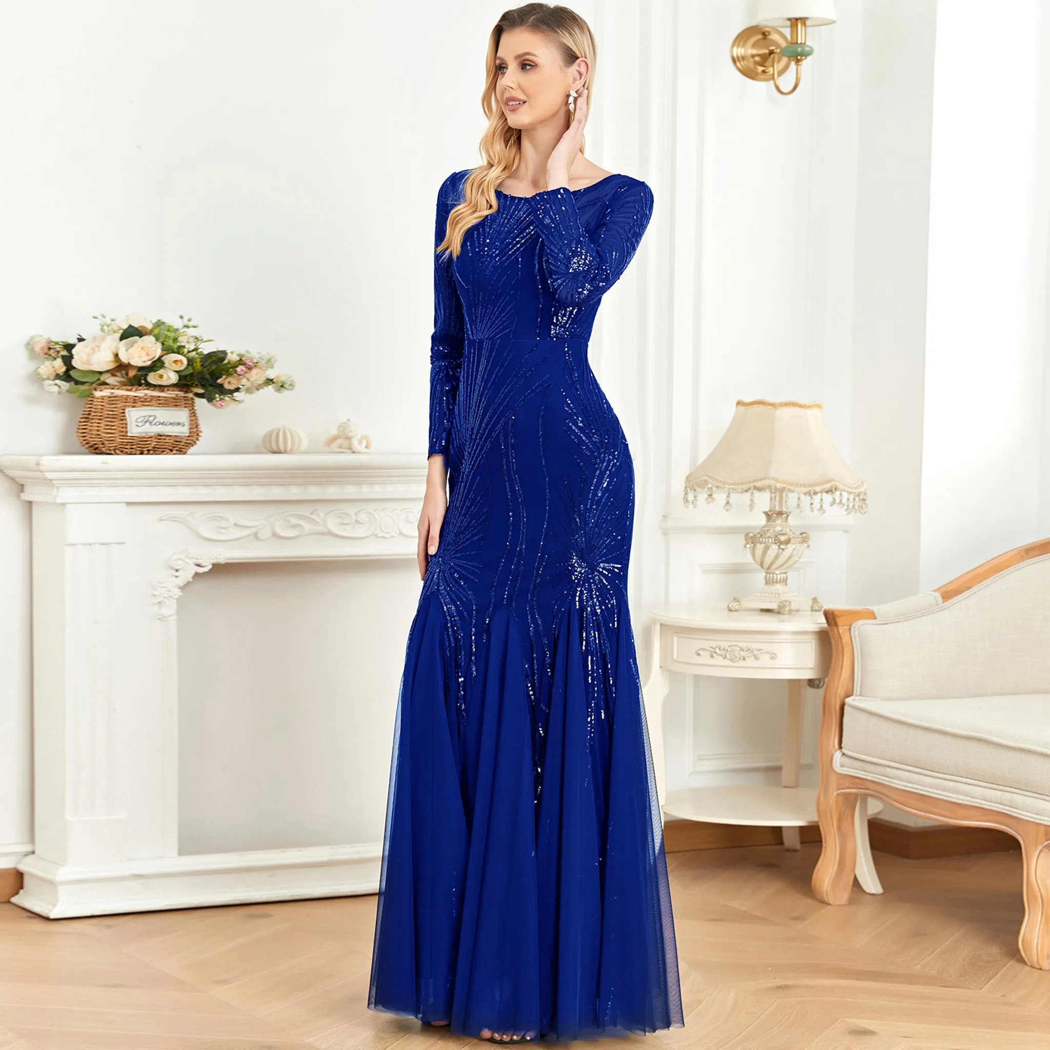 Sparkly Sequins Evening Dress Long Sleeves Wedding Party Maxi Dress