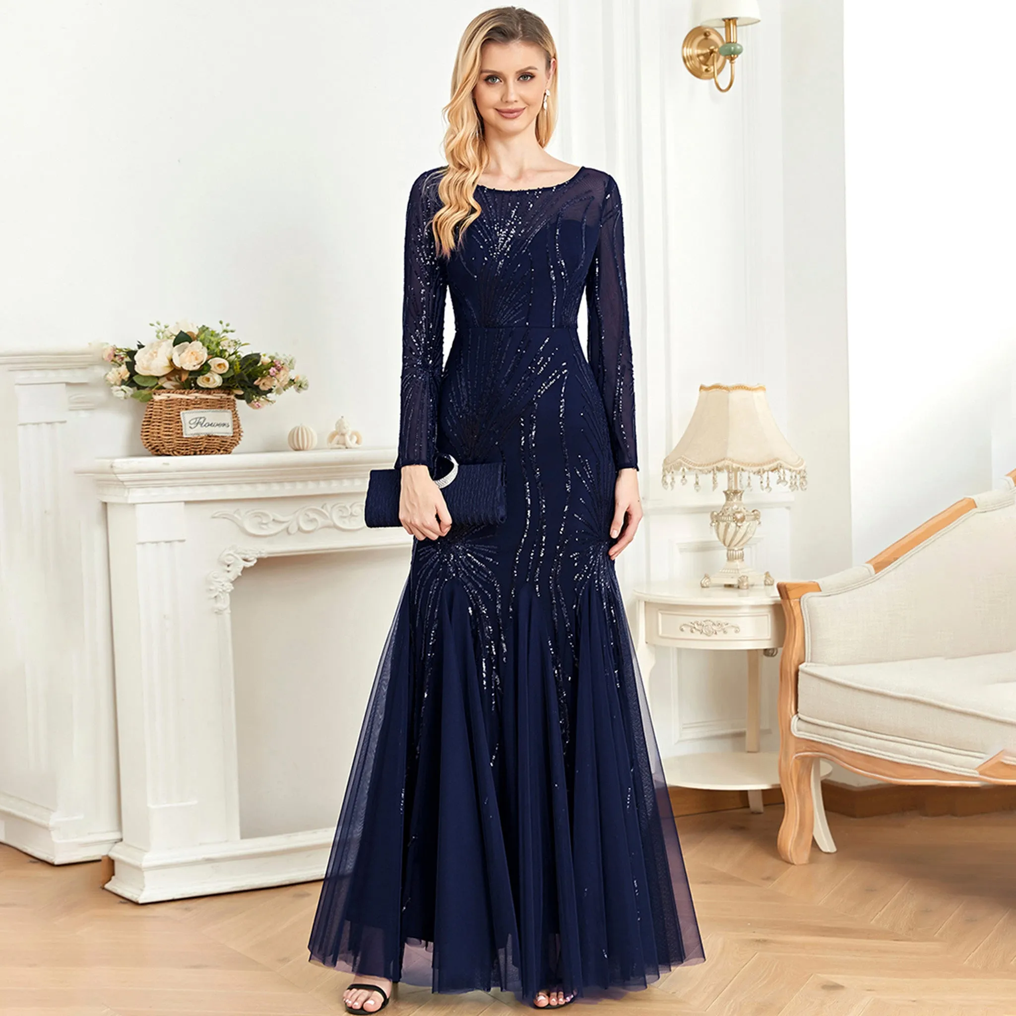 Sparkly Sequins Evening Dress Long Sleeves Wedding Party Maxi Dress
