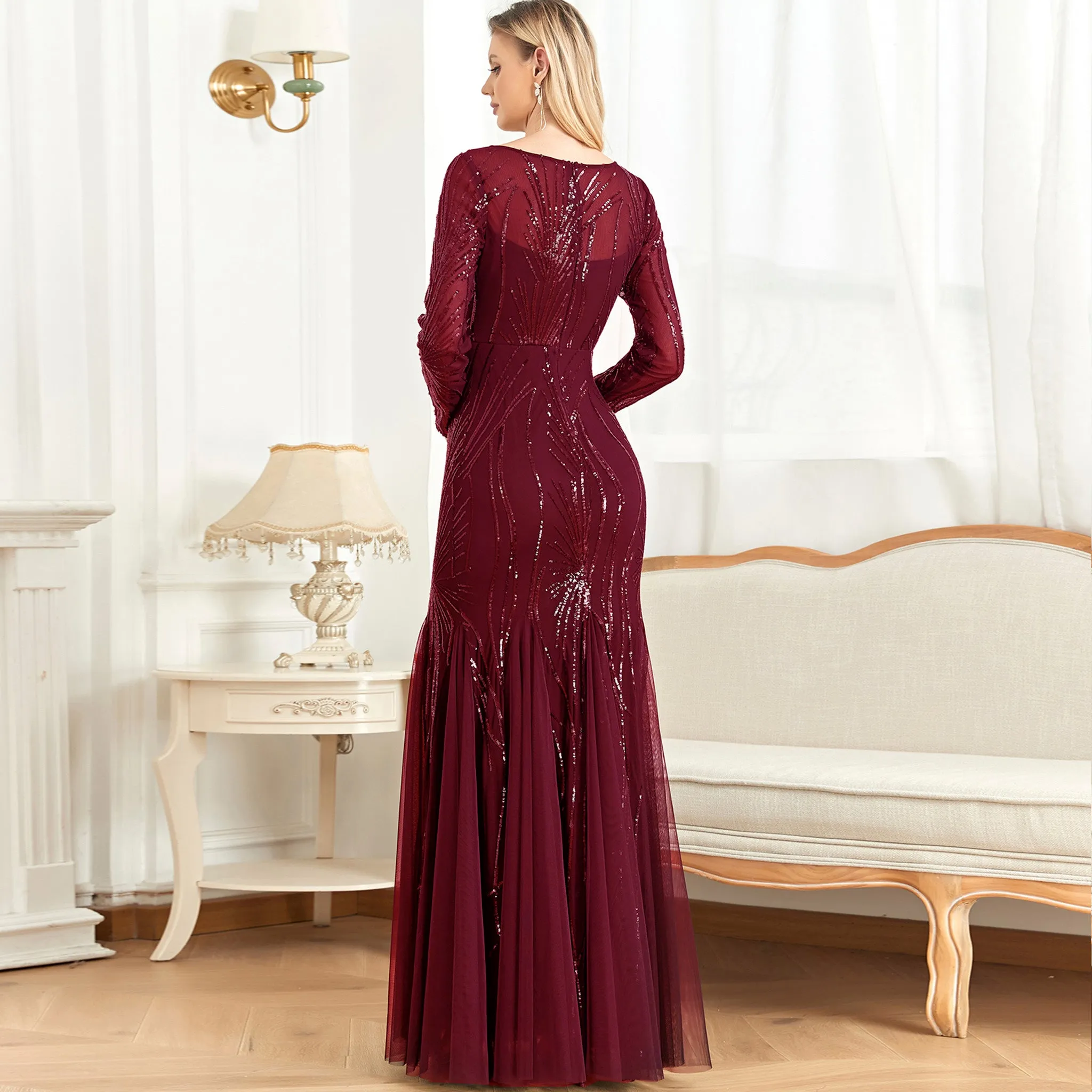 Sparkly Sequins Evening Dress Long Sleeves Wedding Party Maxi Dress