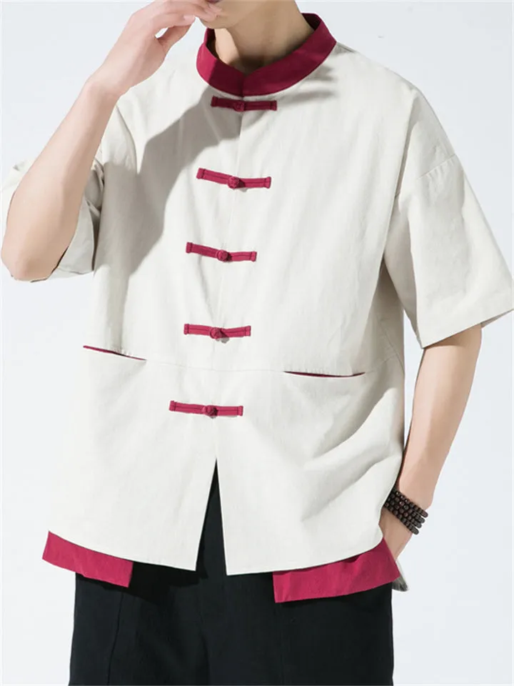 Stand Collar Patchwork Short Sleeve Shirts