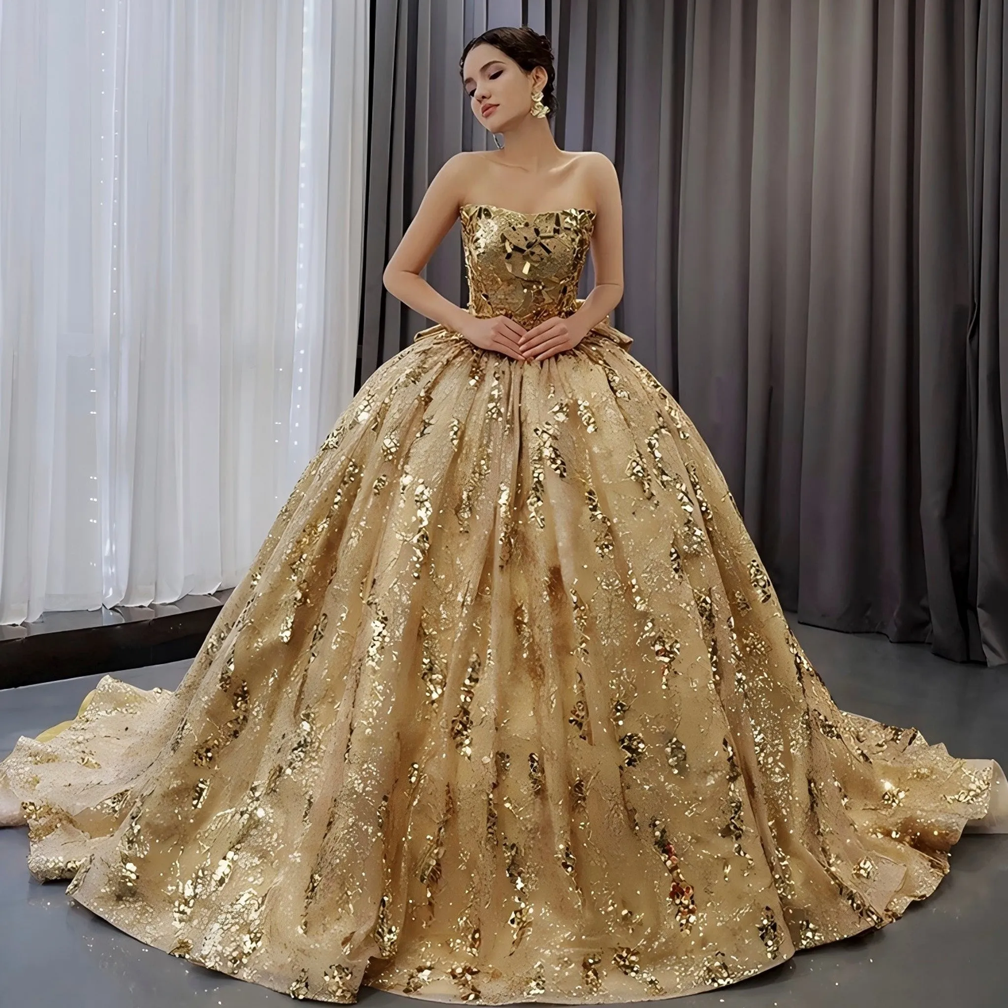 Strapless Gold Sparkly Princess Quinceañera Ball Gown with Bowknot