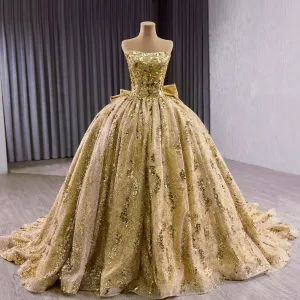 Strapless Gold Sparkly Princess Quinceañera Ball Gown with Bowknot