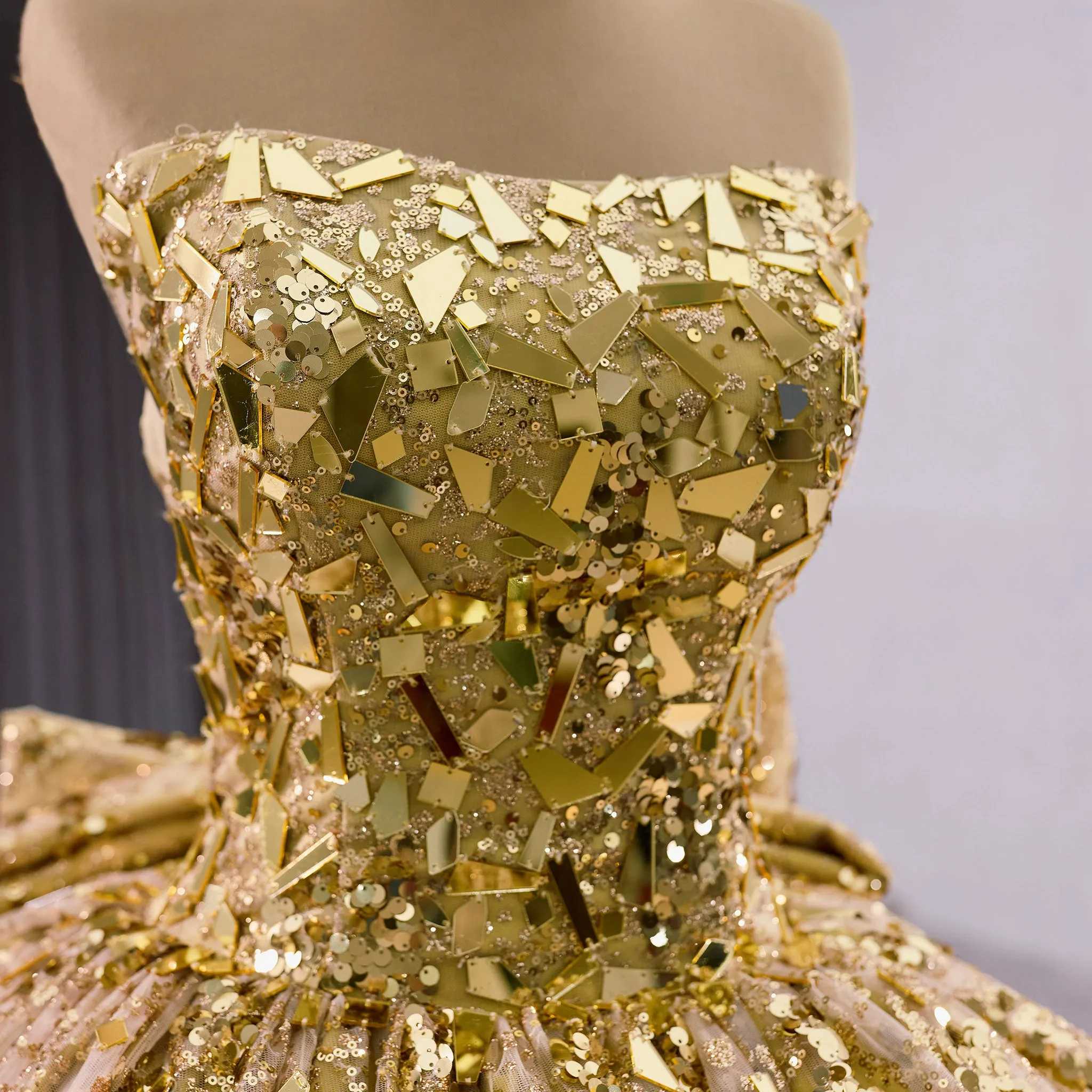 Strapless Gold Sparkly Princess Quinceañera Ball Gown with Bowknot