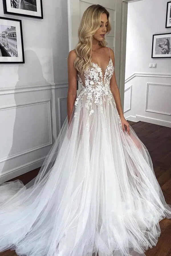Stunning Flower Lace See-through V Neck Boho Wedding Dresses, MW1094