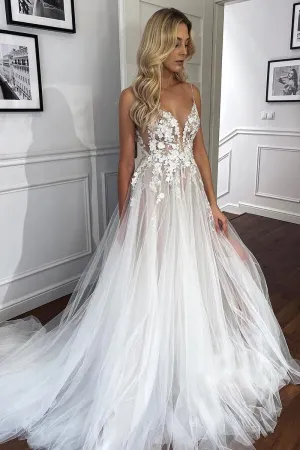 Stunning Flower Lace See-through V Neck Boho Wedding Dresses, MW1094