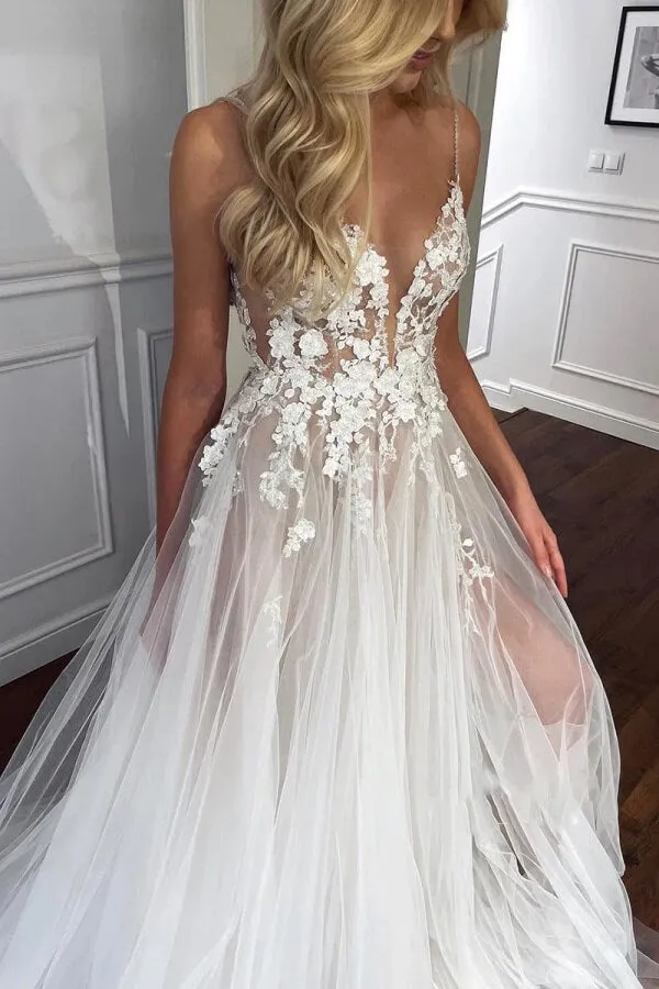 Stunning Flower Lace See-through V Neck Boho Wedding Dresses, MW1094