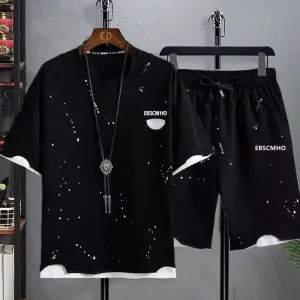 Summer Plus Size Men's Fashion Tracksuit - Patchwork Color T-Shirt and Shorts Set