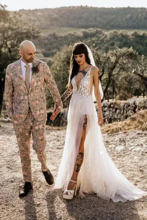 Tulle A-line V-Neck See Through Thigh Slit Beach Wedding Dresses, MW982
