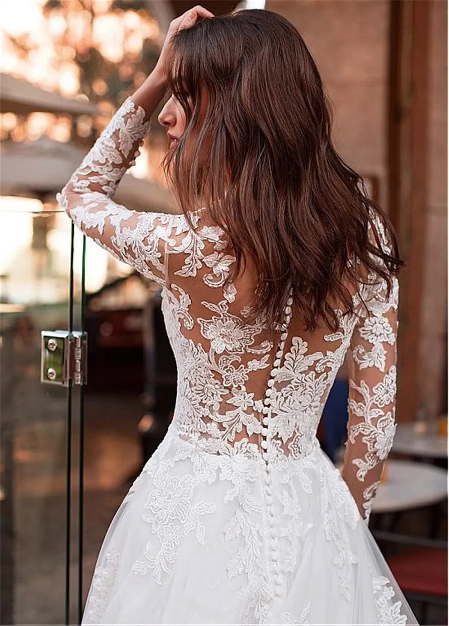 Tulle Jewel Neckline See-through Bodice A-line Wedding Dress